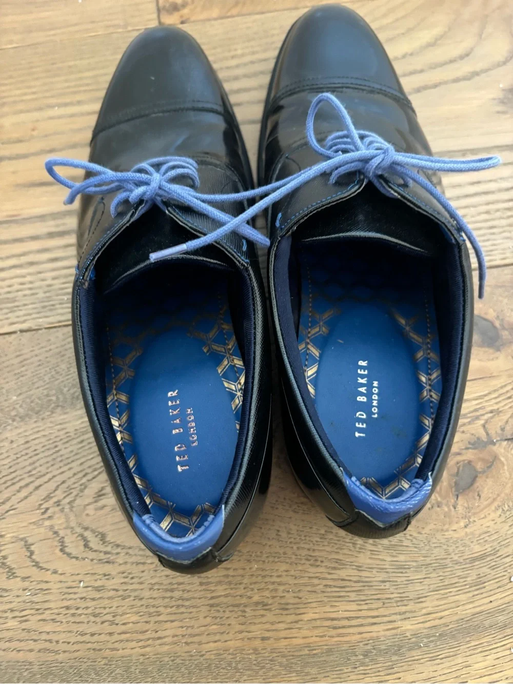 Ted Baker London Black Patent Cap-Toe Oxfords with blue Laces